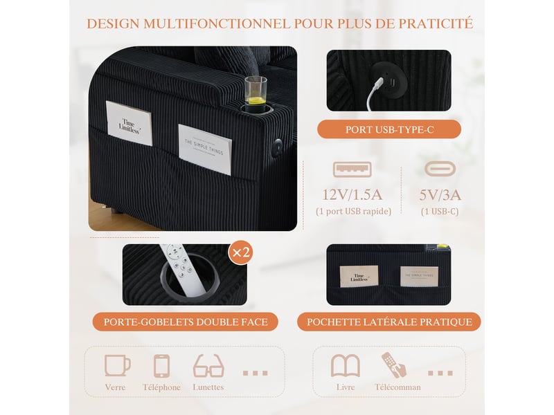 Canapé droit 4 places en velours noir avec chaiselongues des deux côtés, rangement, porte-gobelets, usb et fonction lit, design moderne pour salon - Conforama E