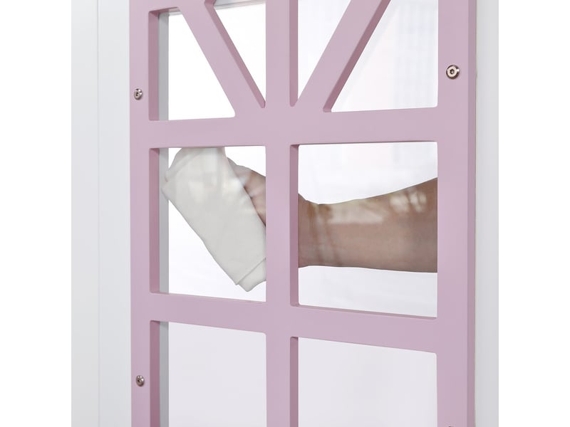  Lit superposé en bois blanc et rose, 90 x 200 cm, lit en forme de maison avec fenêtres en acrylique, espace de jeu ouvert et porte battante en bas  - Conforama E