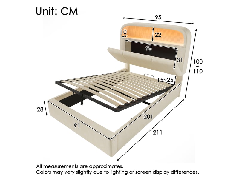  Lit coffre 90 × 200 cm 1 place avec led réglable, usb, type-c et tête de lit avec rangement, matelas inclus, beige  - Conforama D