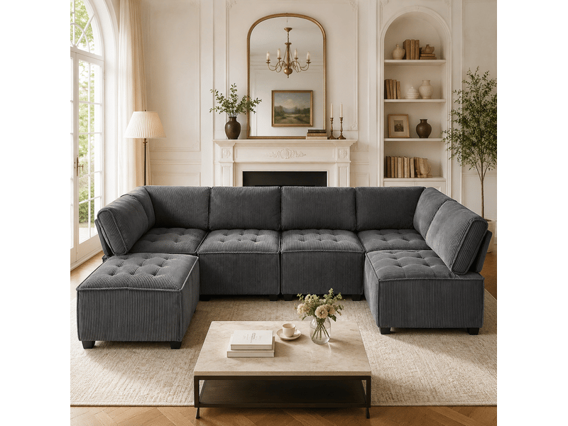 Canapé modulable panoramique 6 places 308x154x81.99 cm velours côtelé gris - Conforama W