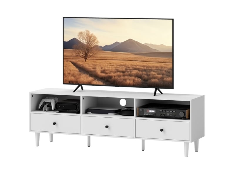 Meuble tv avec 3 tiroirs et 3 niches, passe-câbles pour salon en bois blanc jusqu’à 75 pouces 140 × 34 × 45 cm - Conforama A