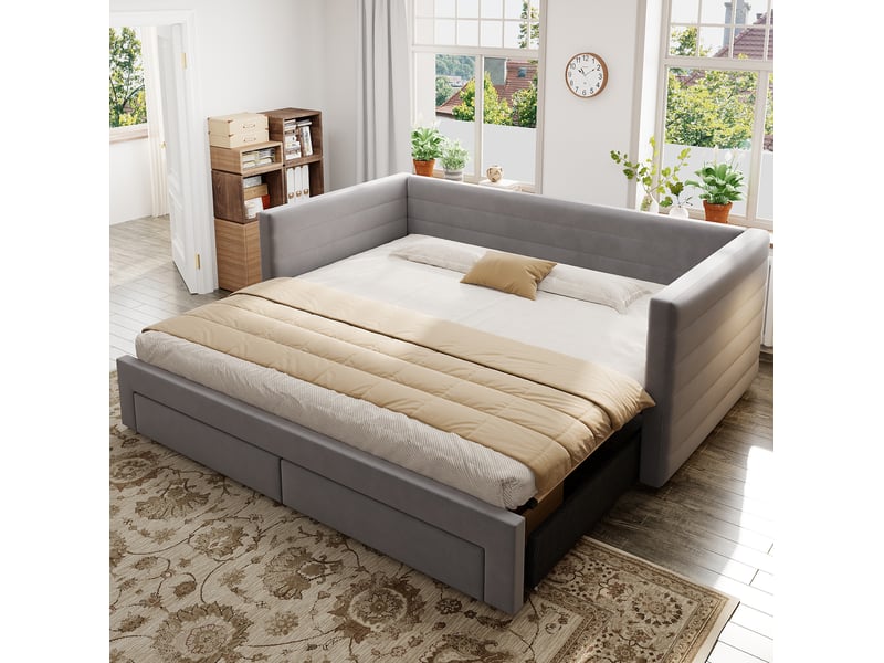  Lit gigogne 3-en-1 90x190 cm, lit 2 places et enfant, avec tiroirs, banquette, design moderne, mdf, gris, sans matelas  - Conforama B