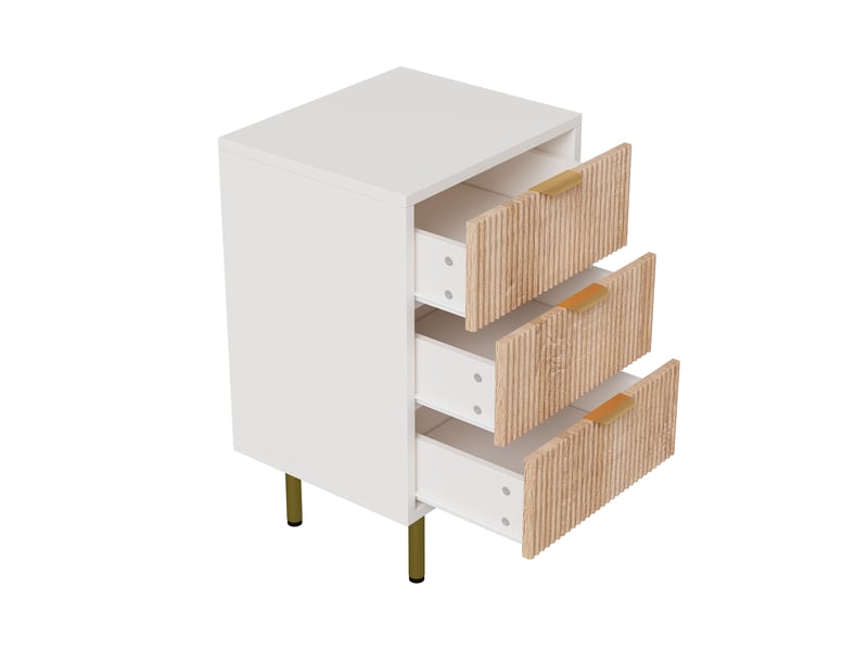  Lot de 2 tables de chevet 3 tiroirs, corps blanc façades aspect bois cannelé, poignées et pieds métalliques dorés, meuble de rangement pour chambre  - Conforama W