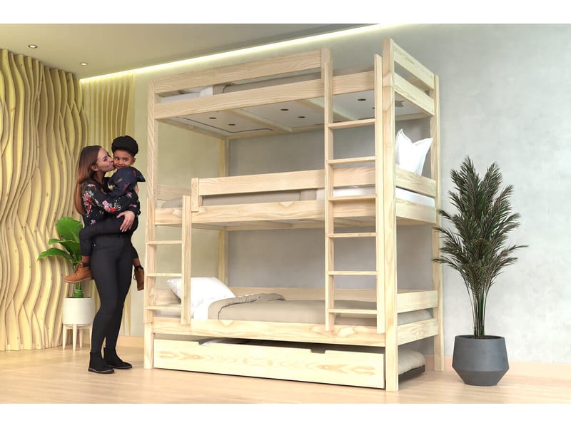 Lit superposé 4 places 90x200 en bois massif abc, vernis naturel TRI492-V - Conforama B