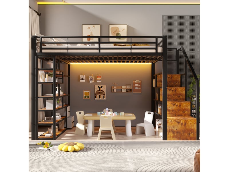  Lit mezzanine 140 × 200 cm avec escalier à rangements, 2 tiroirs en tissu, garde-corps et éclairage led pour chambre  - Conforama E