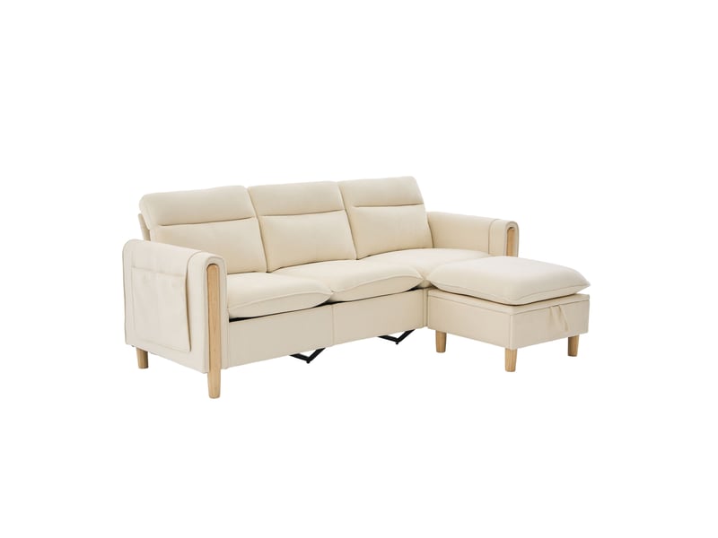  Canapé d'angle 3 places en tissu chenille beige, avec pouf à rangement, poches latérales, pieds en bois  - Conforama A