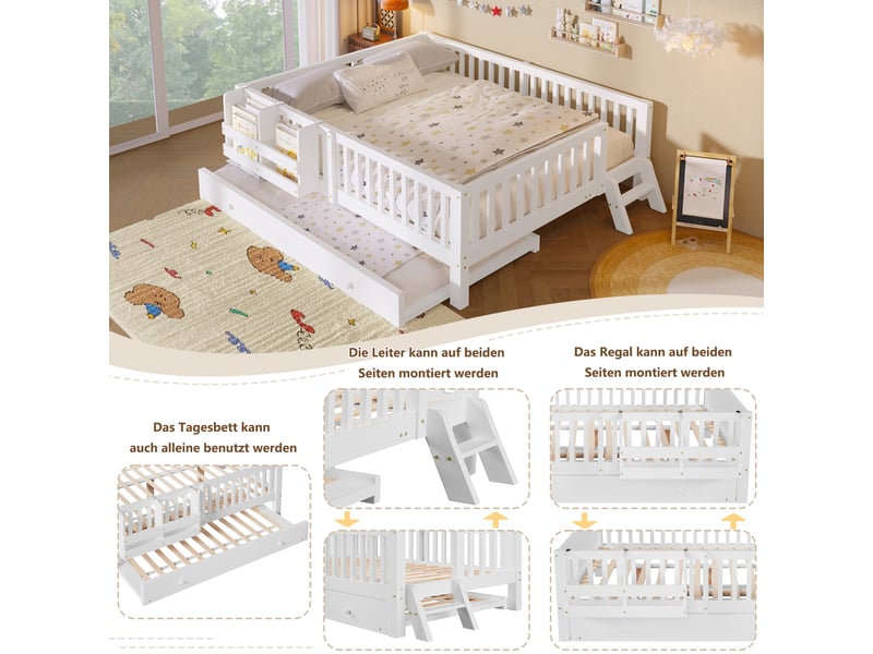 Lit gigogne enfant 140x200 cm avec couchage 90x190 cm, barrières de sécurité et rangement, structure en pin et mdf, blanc OPULERANE TRADING LTD - Conforama E