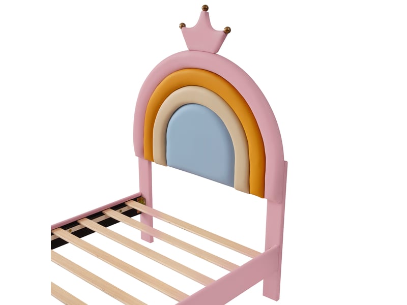 Lit enfant 90 × 200 cm, tête de lit arc-en-ciel avec couronne, tiroir de rangement et sommier, sans matelas, rose - Conforama E