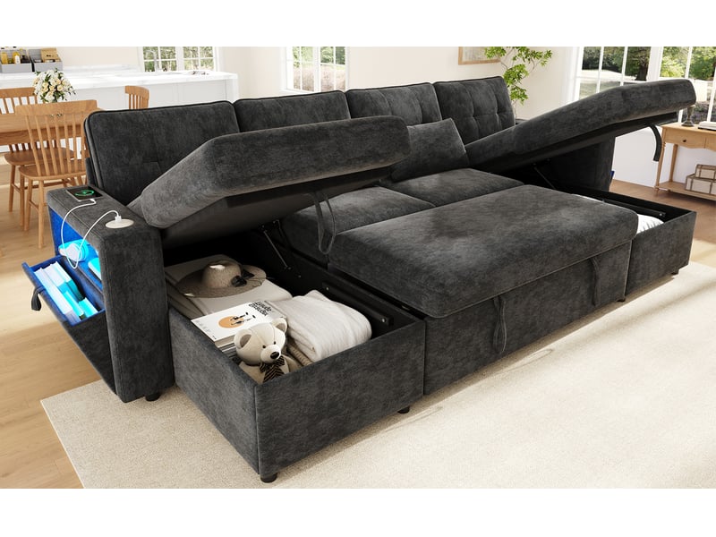  Canapé panoramique convertible 4 places 273 cm, coffres, led et ports usbusb-c, tissu chenille, gris C-CRAFTLINK - Conforama E