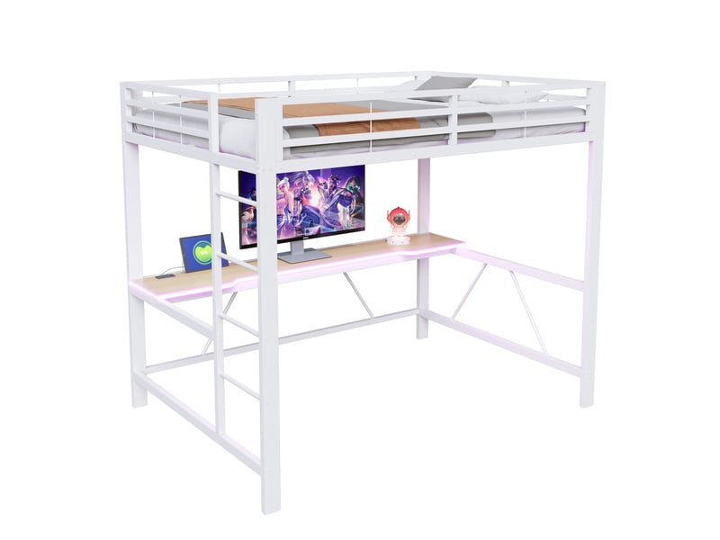 Lit mezzanine gaming 140x200 cm blanc, avec bureau, led, usb, rangements, structure métal, sommier inclus, sans matelas - Conforama A