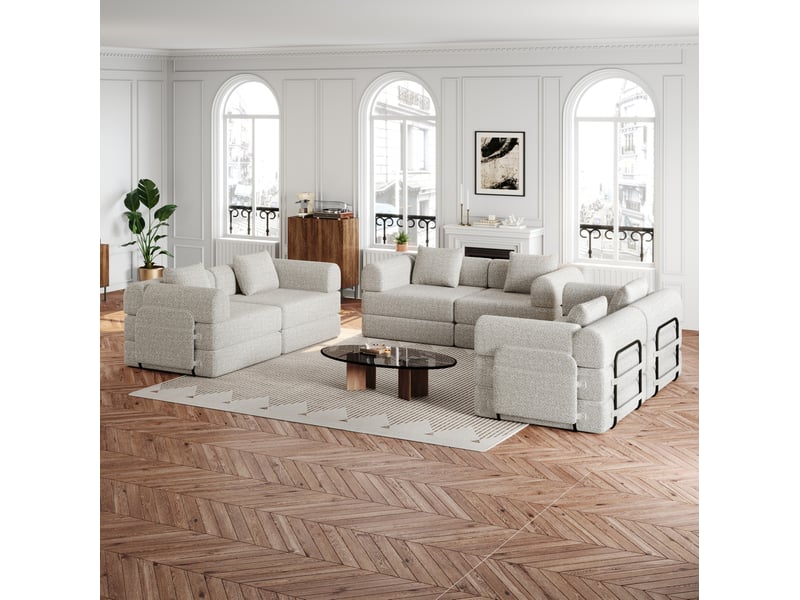  Canapé modulaire convertible 6 places avec rangement dans l’accoudoir et structure en métal, en chenille kaki  - Conforama B