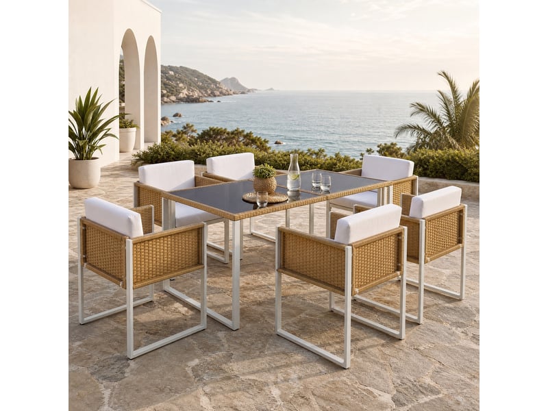 Salon de jardin,170x80x75 cm,6 places avec table,rotin pe,marron et blanc - Conforama B