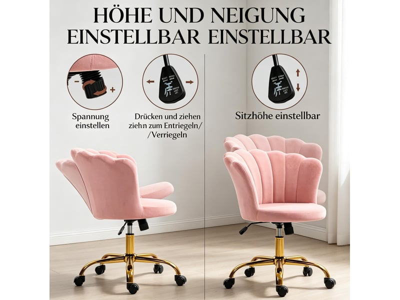  Fauteuil de bureau 69x64 cm réglable en hauteur velours rose  - Conforama D