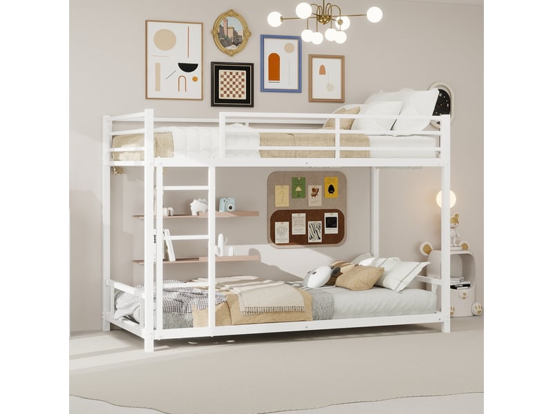  Lit superposé 90x190 cm - lit simple enfant avec échelle intégrée et barrière de sécurité - en fer - sans matelas - blanc  - Conforama B
