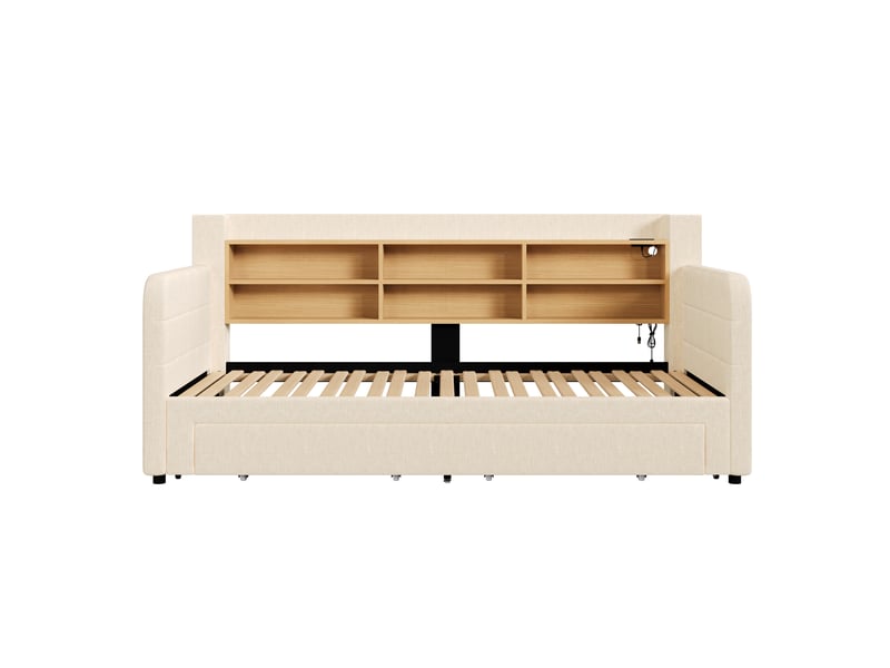 Lit de jour extensible, 90 x 200 cm, éclairage led, avec tiroirs, sans matelas, lin, beige - Conforama E
