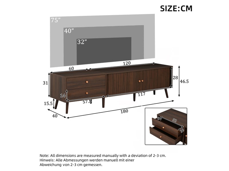  Meuble tv ulevr 180 x 40 x 46,5 cm avec rangement, 2 tiroirs et 2 portes à rideau, mdf coloris noyer, jusqu’à 80 pouces  - Conforama C