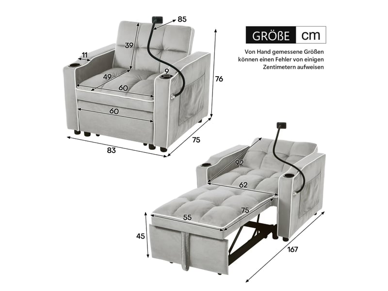  Canapé convertible, canapé-lit, 3 en 1, 83 x 167 x 76 cm, porte-gobelets, mobilier pour espace de vie, pour salon et séjour  - Conforama W