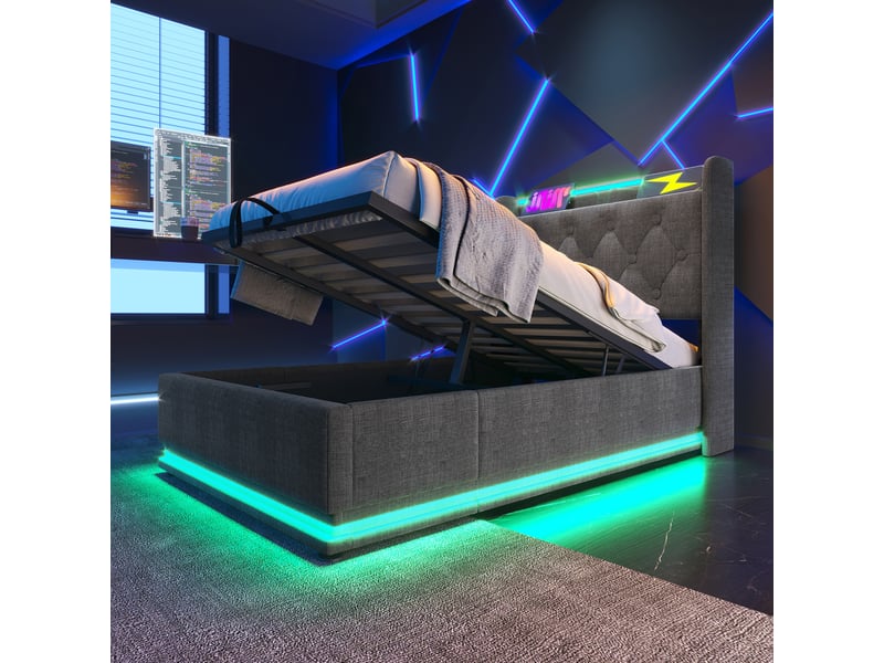 Lit coffre double 90 x 200 cm aver led 360 surround, lit adulte bouton avec fonction de chargement usb type-c avec matelas - Conforama W
