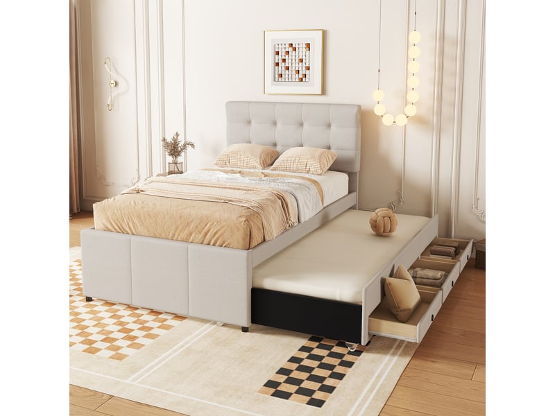  Lit simple 90x200cm, lit enfant avec trois tiroirs de rangement, lit extensible à roulettes, beige, tête de lit réglable en hauteur  - Conforama D