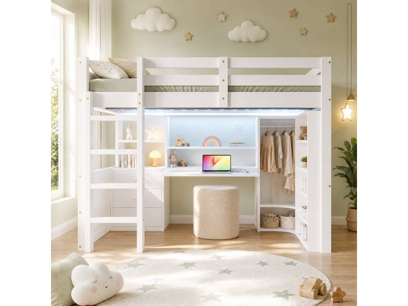 Lit combiné enfant 140 x 200 cm blanc avec led, bureau, armoire et rangements - Conforama C