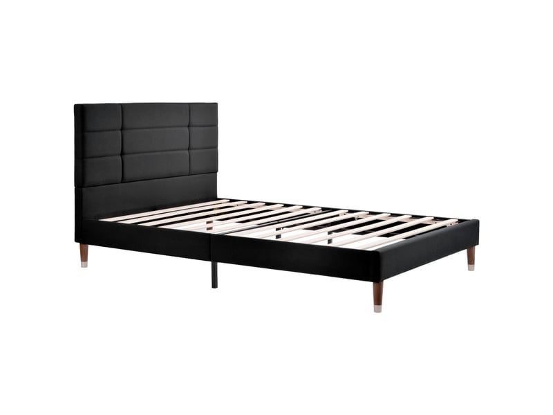  Lit adulte 140x200 cm, tête de lit, structure en bois, sommier, style moderne, lin noir, sans matelas  - Conforama R