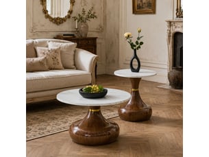 Lot de 2 tables basses gigognes blanc et métal brun et design sablier lisse et solide