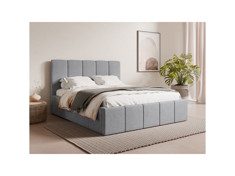  Lit adulte ravello 180x200 cm en tissu gris avec tête de lit capitonnée et sommier inclus  - Conforama B