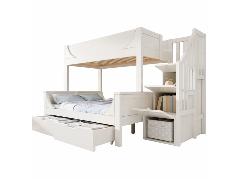  Lit superposé enfant 90x200 et 140x200 cm – blanc – escalier-rangement, tiroirs, barrières de sécurité, sans matelas  - Conforama A