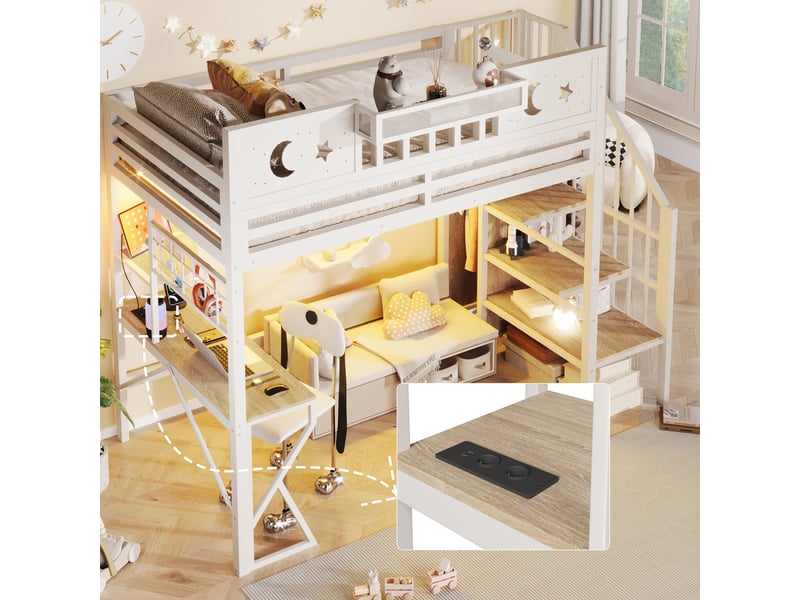  Lit mezzanine 90x200 cm, lit enfant, bureau, panneau perforé, étagères, barrière antichute, port usb, bois et métal blanc  - Conforama C