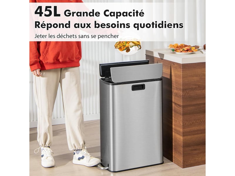  Poubelle cuisine 45 l, poubelle en métal inoxydable, poubelle à pédale, couvercle à ailettes, fermeture douce, panier intérieur, peu encombrante  - Conforama C