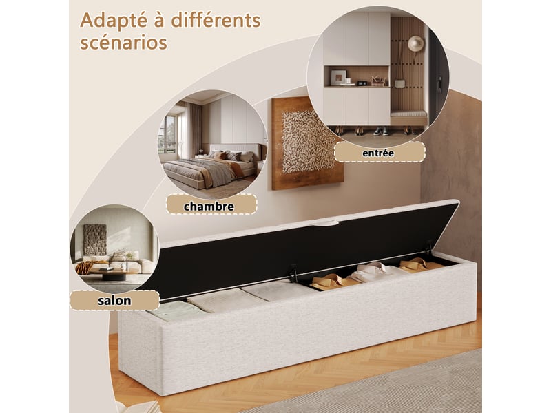  Banc coffre rembourré, 163 × 32 × 36 cm, blanc, velours, rangement intégré, assise relevable, mobile, barrière ouvrante  - Conforama E