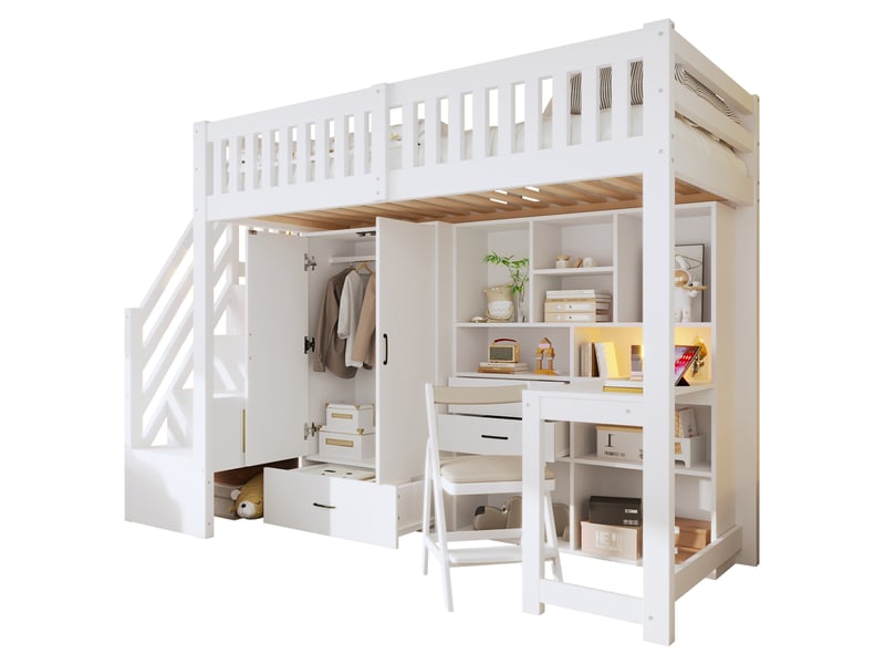  Gutenacht lit mezzanine 90x200 cm blanc avec penderie, bureau, échelle et tiroirs  - Conforama A