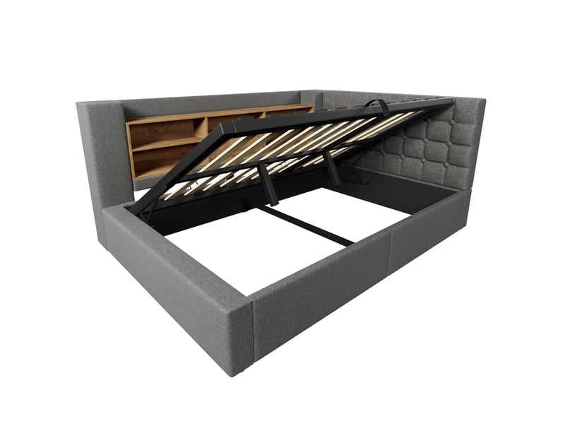  Lit double 140x190 cm avec rangement hydraulique et tête en l réversible, éclairage led, coloris lin gris, sans matelas  - Conforama E