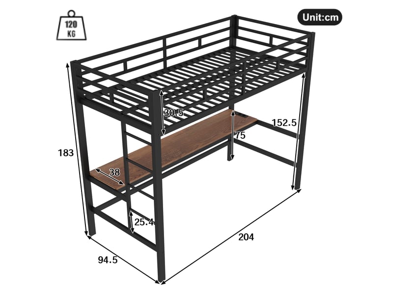  Lit mezzanine enfant 90 x 200 cm noir avec bureau, led, prises usb et type-c  - Conforama E