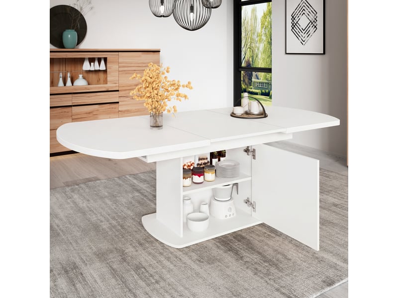  Table à manger ovale extensible 140200x80 cm blanche avec rangement  - Conforama B