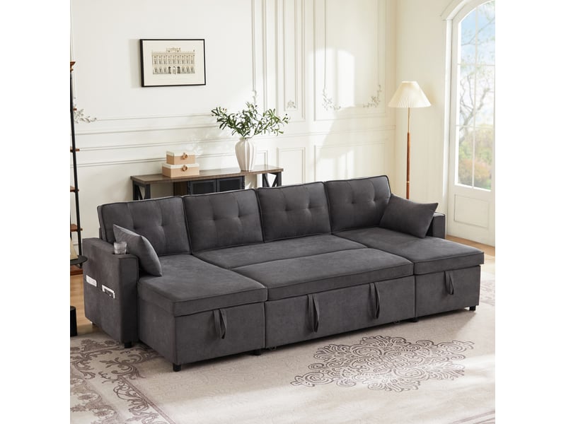 Canapé convertible u 4 places 270x130 cm – gris – rangement bilatéral, porte-gobelets et coussins intégrés - Conforama B