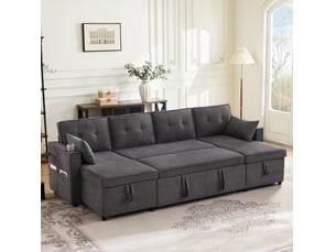 Canapé d'angle panoramique convertible VIVRYN 4 places Polyester gris avec coffre de rangement