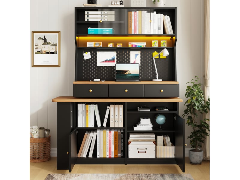  Vitrine haute modenvie avec bureau et bar led app, portes vitrées, étagères réglables, mdf et verre, noir  - Conforama D