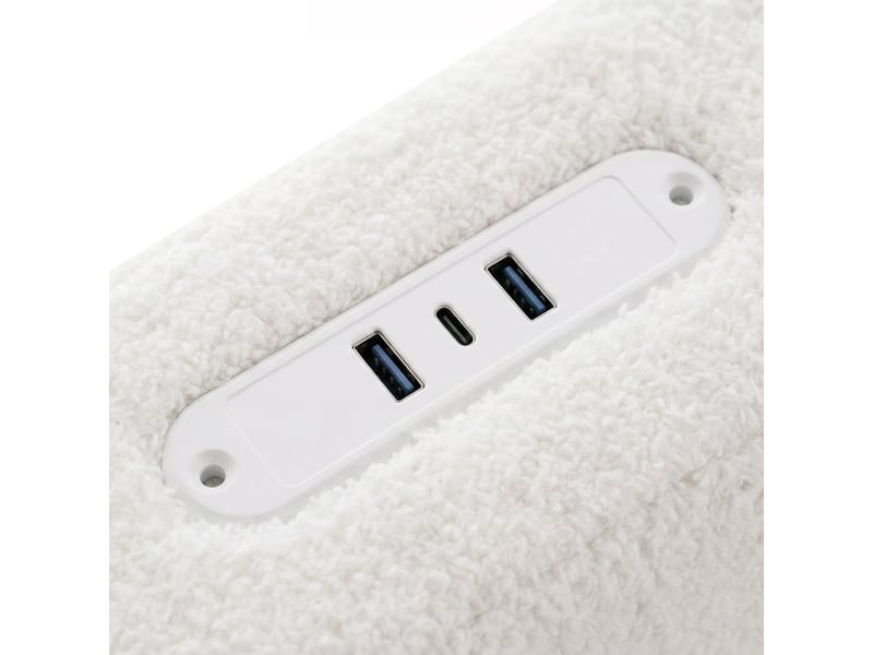 Lit rembourré blanc effet bouclette 160x200 cm avec led, usb et type-c, 4 tiroirs Fay Lum - Conforama E