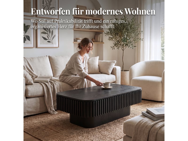  Table basse rectangulaire cannelée de 98 cm avec rangement dissimulé, noir, table basse moderne en placage bois massif  - Conforama W