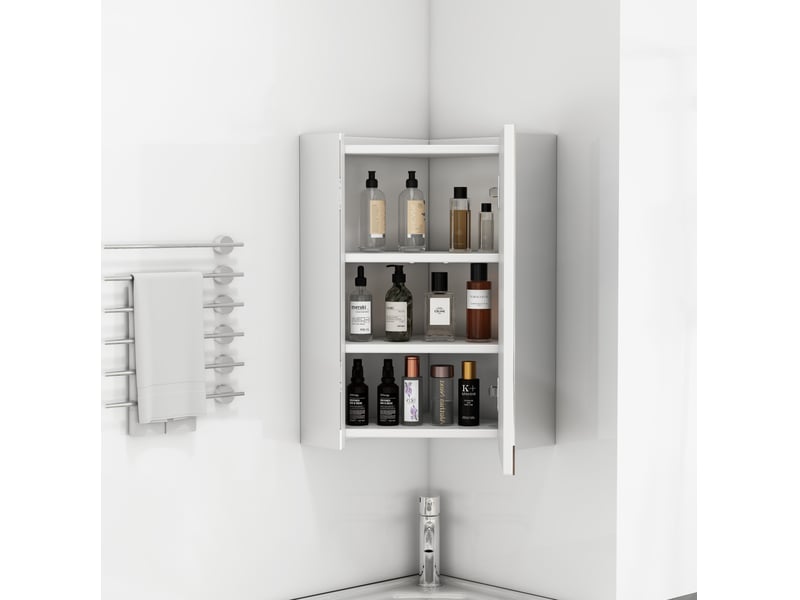 Armoire de toilette d'angle murale blanche à 3 miroirs avec rangements, pour petites salles de bains - Conforama E