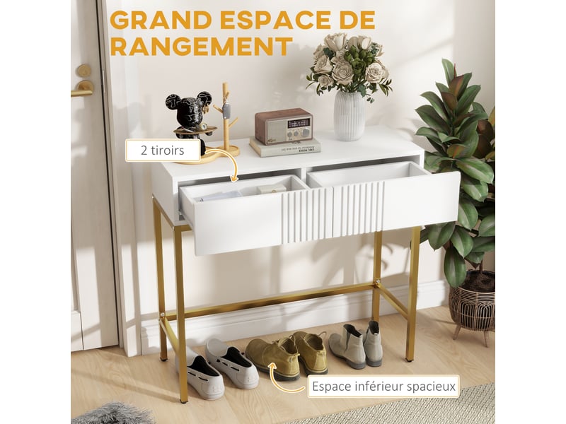  Table console console meuble avec 2 tiroirs base en acier avec pieds antidérapants blanc 80 x 31,5 x 75 cm  - Conforama D