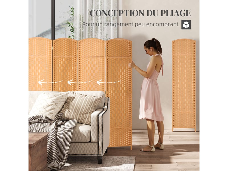  Paravent intérieur en bois 4 panneaux séparateur de pièce pliable pour salon chambre 180 x 180 cm clair brun  - Conforama A
