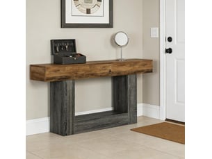 Console avec étagère ouverte, base en u et finition bicolore pour salon et entrée en mdf gris et marron
