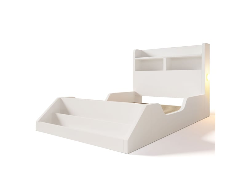  Lit une personne 90x200 cm, lit bois, tête de lit avec rangements, veilleuses, bibliothèque amovible, blanc pur  - Conforama A