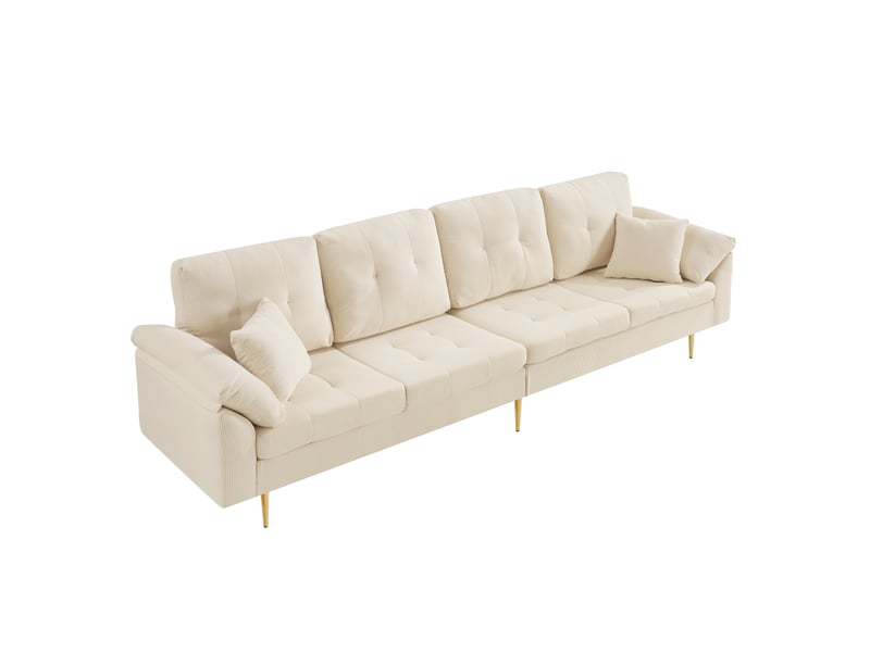  Canapé d'angle réversible 4 places 250 cm en velours côtelé beige clair, pouf mobile et pieds métal Fay Lum - Conforama D