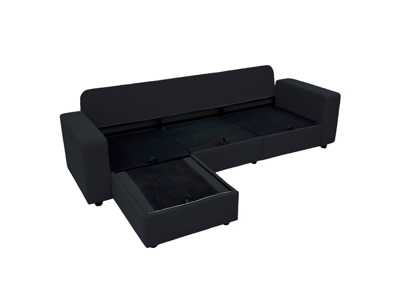  Canapé d’angle réversible avec 4 rangements et ottomane  - assise à ressorts ensachés, polyester noir  - Conforama E