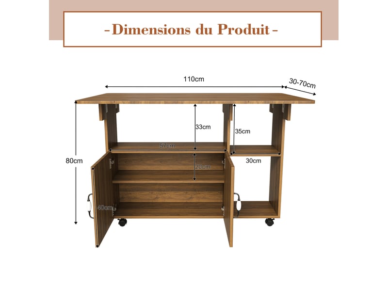 Table à manger pliante mobile 110x70x80 cm en mdf finition noyer clair - Conforama C