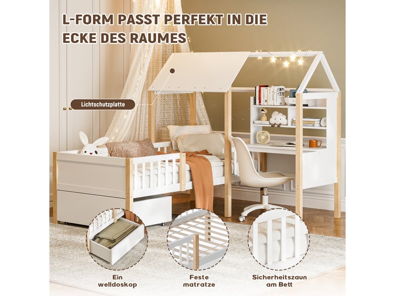  Lit enfant 90x200 cm en bois massif – bureau intégré, rangements, barrière de sécurité  - Conforama D