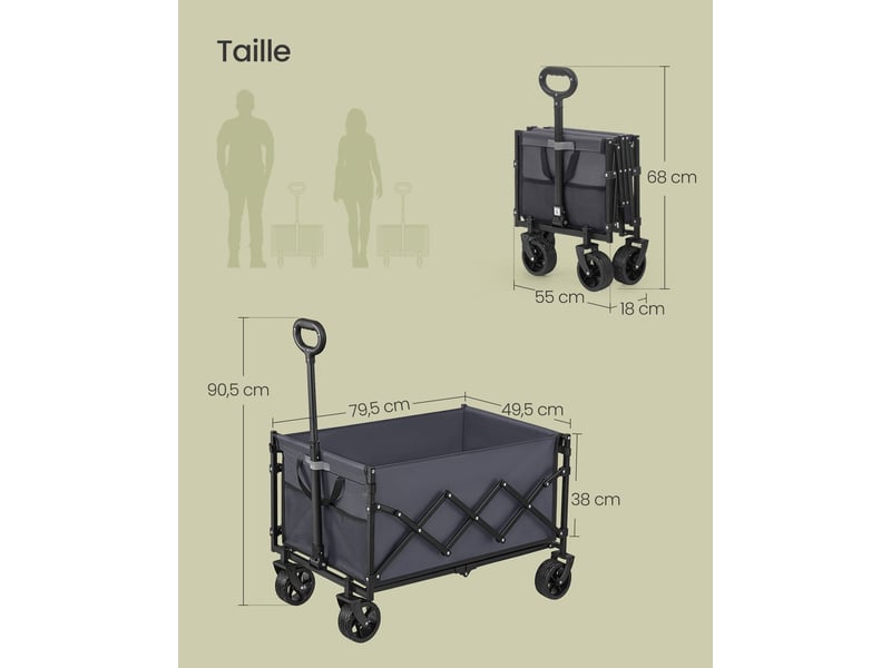  Chariot de transport pliable extérieur jardin 49,5 x 79,5 x 90,5 cm capacité 150 kg design pratique en acier gris ardoise 12_0012886  - Conforama B